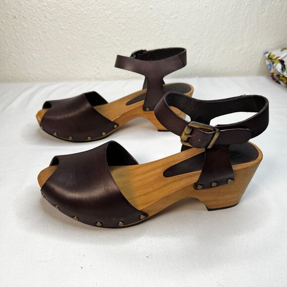 Lisa B Peep Toe Clogs Low Wood Heel Chocolate Brown Leather 40 Boho US 8.5 / 9 - Picture 6 of 13